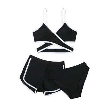 Imagem de Milumia Biquíni feminino fofo de 3 peças com cores contrastantes e shorts de natação, Branco e preto., 11 Anos