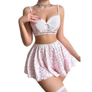 Imagem de SweatyRocks Conjunto de lingerie feminina de 2 peças, estampa floral, laço frontal, blusa cropped com minissaia, Rosa claro, GG