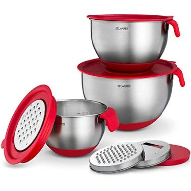 Imagem de Belwares Conjunto de tigelas de mistura com tampas - Tigelas de encaixe de aço inoxidável de 3 peças com raladores, alças e tampas herméticas - Tigelas de mistura antiderrapantes para cozinhar, assar,