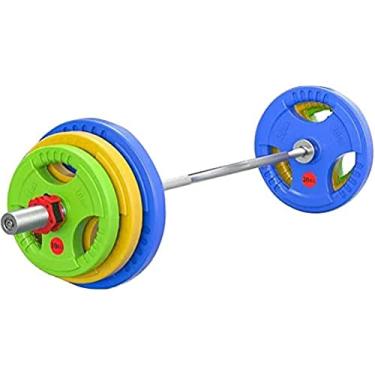 Imagem de Conjunto de peso de barra Conjunto de barra olímpica de borracha de ferro fundido de 150 kg, incluindo barra olímpica de 220 cm e placa de peso, com fivelas antiderrapantes, equipamento de t