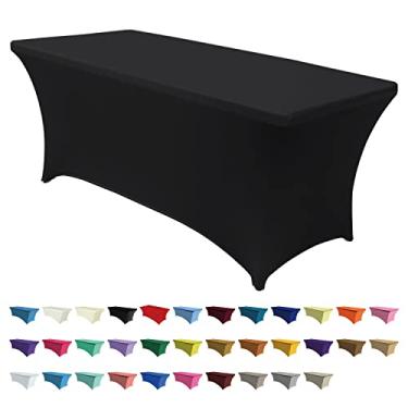 Imagem de ABCCANOPY Toalha de mesa preta de elastano de 1,8 m, elástica, resistente a rugas, reutilizável, retangular, dobrável, para eventos e banquetes de casamento
