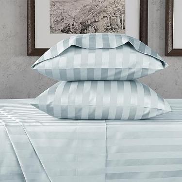 Imagem de URBANHUT Jogo de lençol solteiro listrado damasco algodão egípcio 800 fios (3 peças) - Ultramacios e lisos, lençóis de cama solteiro, lençóis de hotel de luxo com bolso profundo de 40,6 cm - azul