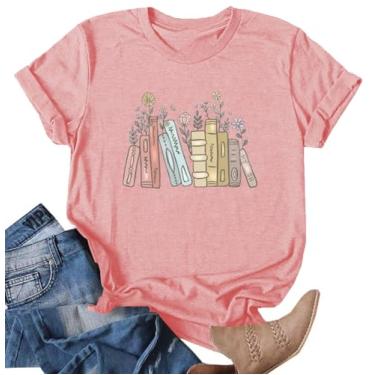 Imagem de Camisetas femininas para amantes de livros, flores silvestres, leitura de livros, casual, manga curta, presente para professores, rosa, P