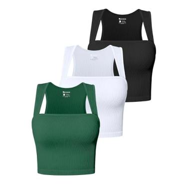 Imagem de OQQ Camiseta regata feminina de 3 peças, sem mangas, com tiras e gola quadrada, Preto, branco, verde escuro, M