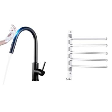 Imagem de Puxe para fora sensor preto torneiras de cozinha aço inoxidável indução inteligente misturada controle toque pia e misturador água fria, preto d