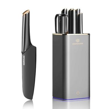 Imagem de ZEEKMUSS Conjunto de facas para cozinha com bloco, conjunto de 6 peças, bloco de facas de aço inoxidável, com afiador, tesoura de cozinha, suporte de faca inteligente, mantenha limpo e seco, presente