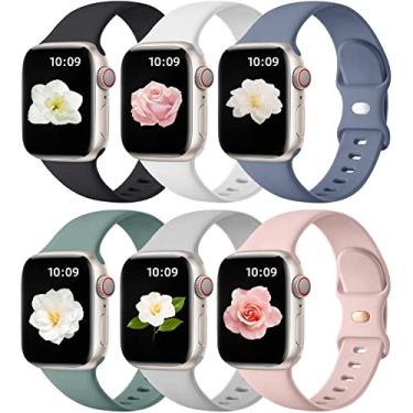 Imagem de Maledan Pulseira feminina de relógio Apple de 38 mm, 40 mm, 41 mm, 42 mm, 44 mm, 45 mm, 46 mm e 49 mm, pacote com 6 pulseiras esportivas de silicone compatível com Apple Watch séries 11, 10, 9, 8, 7
