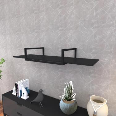 Imagem de Prateleira Industrial Suspensa Estante Parede Nicho Preto Ferro E Madeira Suporte Pratileira