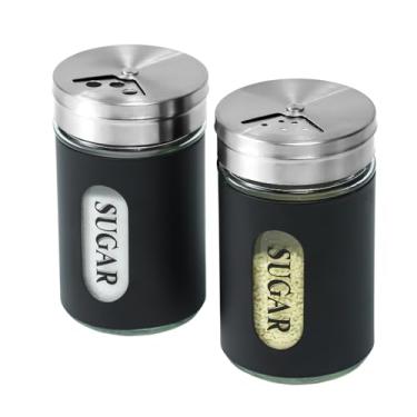 Imagem de Espanador de açúcar em aço inoxidável e conjunto de vidro com furos ajustáveis e coqueteleira para café, conjunto de 2 (Preto)