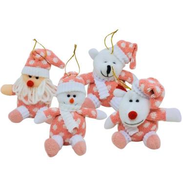 Imagem de Conjunto 4 Bonecos Pelúcia Rosa Pendente Natal Papai Noel, Boneco Neve, Urso e Rena 14cm - Master Christmas