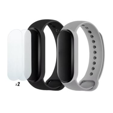 Imagem de Kit 2 Pulseiras extras compatíveis com xiaomi mi band 4 / mi band 5 / mi band 6 / mi band 7 / mi band 8 / mi band 9 + 2x Película Protetora Gel Ultra-Slim (Preto+Cinza Mi band 5/Mi band 6/Mi band 7 +2x peliculas)