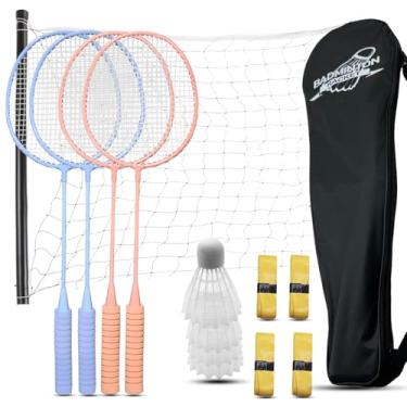 Imagem de Magicorange Conjunto de 5 raquetes de badminton para jogos de quintal ao ar livre, incluindo 4 raquetes, 4 petecas, 4 fitas de substituição, 1 rede de badminton e 1 bolsa de transporte (rosa + roxo)