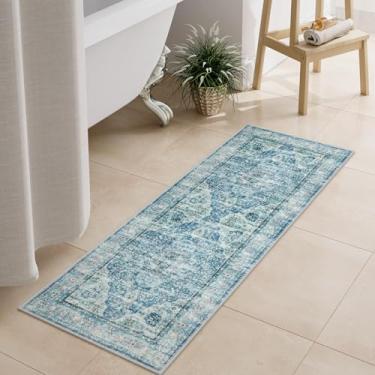 Imagem de Uphome Tapetes de banheiro, tapete de banheiro envelhecido boêmio azul claro, tapetes de banho longos antiderrapantes e laváveis, caminho de banheiro de veludo macio tradicional vintage para banheira