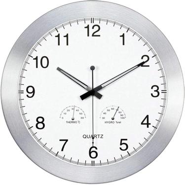 Imagem de Jardim ao ar livre à prova d'água, concha de alumínio de 14 polegadas ao ar livre para o jardim montado na parede com termômetro higrômetro relógio de quartzo silencioso relógio externo inte