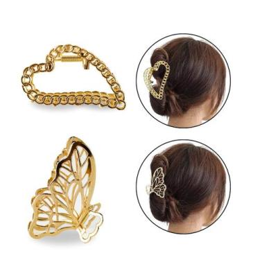 Imagem de Kit 2 Prendedores de Cabelo Metal Dourado Borboleta Coração - Arte Sed