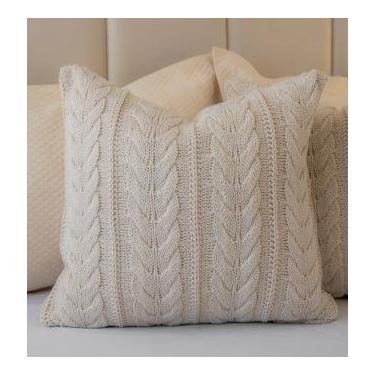 Imagem de Almofada de Tricot Trança Larga Offwhite Quadrada - Cazachic, Completa