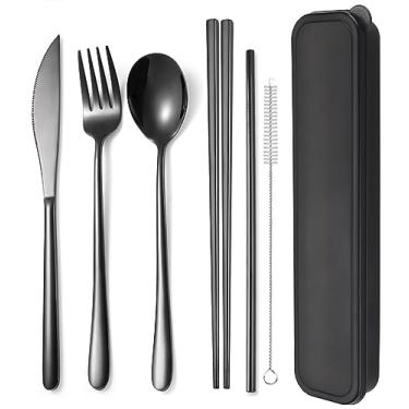 Imagem de AARAINBOW Conjunto de 1 talheres de aço inoxidável portátil e reutilizável, incluindo hashis, faca, garfo, colher canudos, escova de limpeza, lavável na lava-louças (6 pretos)