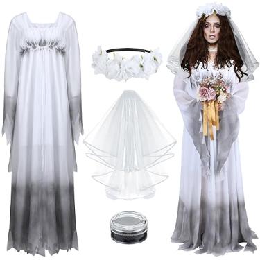 Imagem de Mepase Halloween Women Gossamer Ghost Costume Gothic Victorian Fancy Dress White Flower Headband Veil and Face Body Paint for Dress up Cosplay Makeup Party