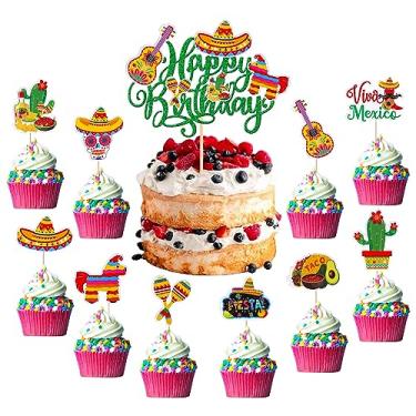 Imagem de 41 Pack Happy Birthday Fiesta Cake Topper with Guitar Cactus Donkey Rackets Pepper Mexico Fiesta Cake Pick for Mexican Fiesta Theme Baby Shower Birthday Party Cake Decorations Supplies Green 2