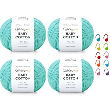 Imagem de HobbyMia Fio de algodão para bebês para crochê - 50 g / 180 m - (2) fio fino, peso esportivo - fio Amigurumi para linha de crochê - 60% algodão e 40% acrílico e 10 pontos (ciano, 4 bolas)