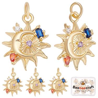Imagem de Beebeecraft 1 caixa com 10 pingentes de lua e sol, pingentes de strass de latão banhado a ouro 18 quilates, pingentes pendurados na extremidade com laço para colar faça você mesmo, pulseira,