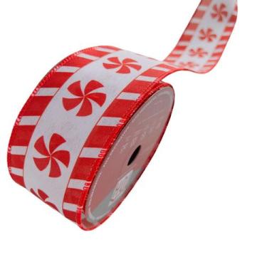 Imagem de Fita Decorativa Natal Aramada Branco e Vermelho 9,14 Metros Tok da Cas