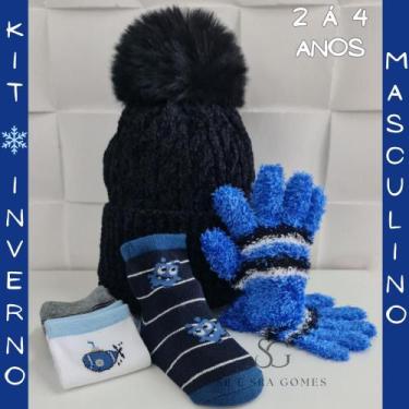 Imagem de Kit 5 Itens Inverno Infantil Masculino Touca Luva e Meia de 2 á 4 Anos