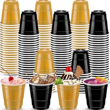 Imagem de cssopenss 120 peças de copos de plástico preto dourado de 59 ml, copos de shot pretos e dourados, copos coloridos de plástico para beber, degustações servidas, lanches, degustações e amostras (preto