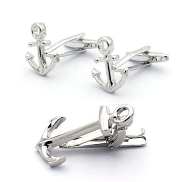 Imagem de Conjunto de prendedor de gravata e abotoaduras para camisa inteligente âncora de barco à vela