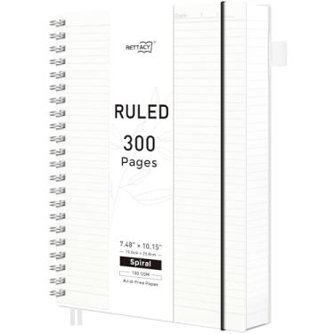 Imagem de RETTACY Caderno espiral pautado universitário, 300 páginas, tamanho médio B5 (18,8 cm x 25,4 cm), para escola, trabalho, escrita, diário, papel grosso de 100 g/m², capa de plástico flexível