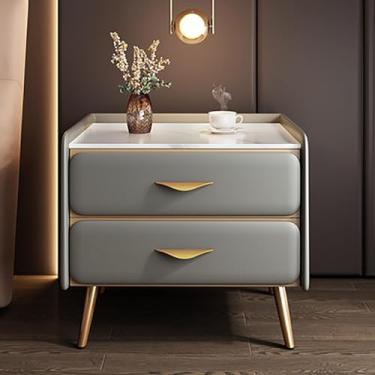 Imagem de Mesa de cabeceira luxuosa com acabamento em couro sintético e tampo de mármore sintético, mesa de cabeceira minimalista moderna com 2 gavetas, armário de armazenamento para quarto e sala de estar (40
