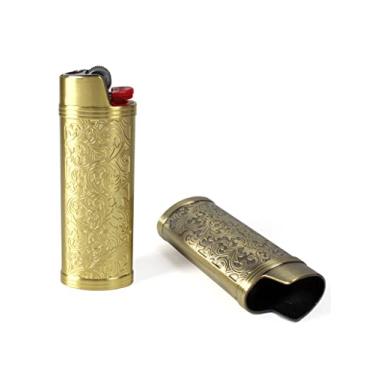 Imagem de HUMWE Pacote com 2 Capas para Isqueiro de Metal Vintage, Capa Frontal com Gravura Em Arabesco, Capa Reutilizável para Isqueiros Bic J6 Regulares(Estilo 1-Bronze E Dourado, 2), Dourado, Prateado, 3,14'