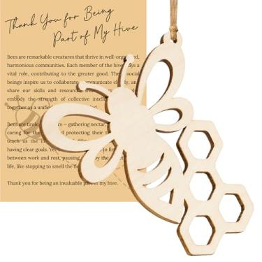 Imagem de Enfeite de Natal de madeira 2024 para decoração de árvore de Natal, enfeites de Natal para presentes de elefante branco, ornamento de decoração de animais com cartão de história (abelha)