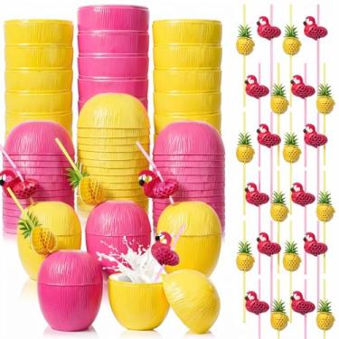 Imagem de CHENGU Conjunto de 48 copos de coco inclui 24 copos de coco rosa e amarelo, 12 canudos de abacaxi, 12 canudos de flamingo, havaiano Luau Tiki e decorações de festa de verão na praia para lembrancinhas