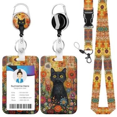 Imagem de Porta-crachá de identificação floral de gato preto com cordão, cordões retráteis de jardim de flores para crachás de identificação, clipes de etiqueta de nome, presente engraçado de enfermeira,