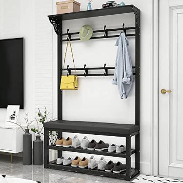 Imagem de Árvore de corredor 3 em 1, cabide de entrada com banco de sapatos e prateleiras organizadoras de sapatos, suporte de árvore para hall de entrada, móveis de destaque industrial com moldura de metal e
