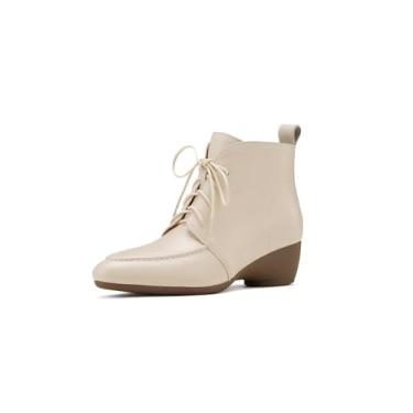 Imagem de TinaCus Bota feminina feita à mão de couro genuíno bico fino com cadarço e salto bloco, Bege, 35