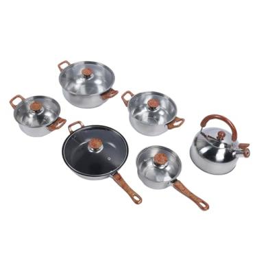 Imagem de Conjunto de Panelas de Aço Inoxidável, Chaleira, Panelas e Frigideiras Definidas Design de Grãos de Madeira, Trabalha Com Indução e Cooktops a Gás