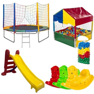 Imagem de Cama Elástica 2,44m Piscina de Bolinha 1,00m c/ 500 Bolinhas Escorregador Médio 3 Gangorra 1 Lugar