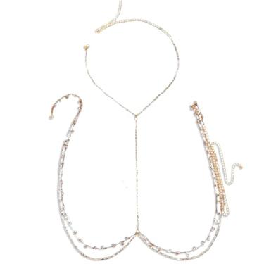 Imagem de Niaspi Corrente sexy banhada a ouro 14K para mulheres, sutiã cruzado com strass em camadas, corrente de peito, verão, praia, biquíni, cristal, barriga, cintura, joia ajustável, Large, Strass, Sem