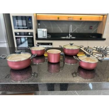 Imagem de Conjunto Panela Caçarolas Antiaderente Teflon Tampa De Vidro 5 peças COR CEREJA COM BEJE
