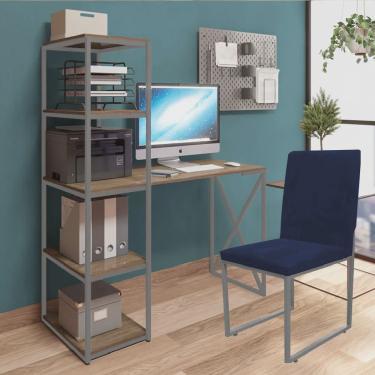 Imagem de Kit Escritório Mesa Max BeX 5 Prateleiras e Cadeira Stan Cinza Tampo Madeira Suede Azul...