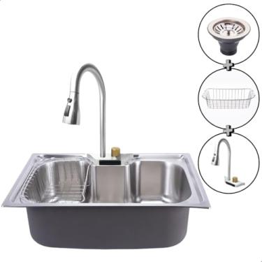 Imagem de SOFTINOX Kit Cuba Cozinha Gourmet 60x42cm Inox Escovada com Manta Anti-Ruído e Escudo Anti-Suor + Torneira Extensível Monocomando com 3 Jatos