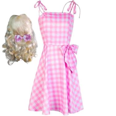 Imagem de Vestido Rosa Xadrez Adulto Com Peruca Loira, Fantasia de Carnaval (M)