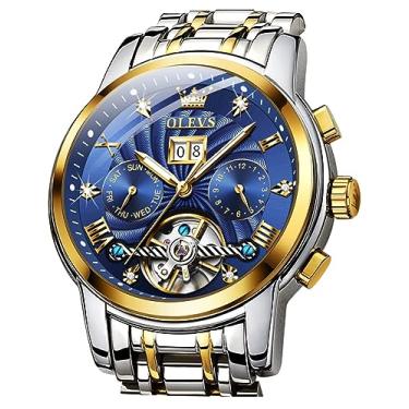 Imagem de OLEVS Relógio de pulso masculino esqueleto de luxo com diamante, automático, mecânico, automático, luminoso, à prova d'água, Mostrador azul, 9910