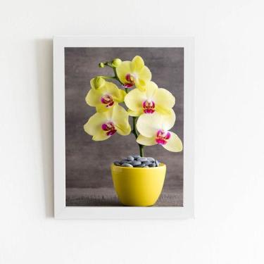 Imagem de Quadro Orquídeas Amarelas Flor Vaso Moldura Branca 60x40cm - PlimShop