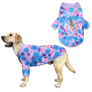 Imagem de PriPre Camisetas Tiedye azul para cães/roxas com estampa de unicórnio brilhante para animais de estimação pijama macio para cães grandes (GG, azul)