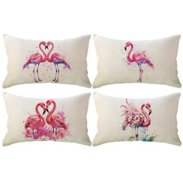 Imagem de ULOVE LOVE YOURSELF Pacote com 4 fronhas de flamingo com design floral floral rosa aquarela capas de almofada lombar decorativas para casa 30 cm × 50 cm para sofá e varanda (rosa)