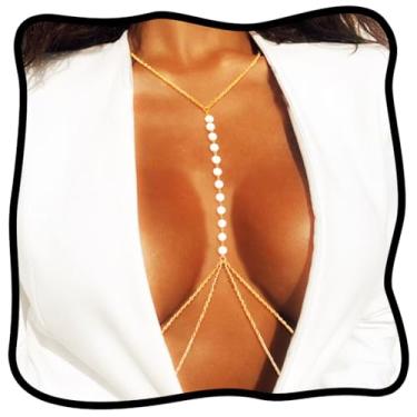 Imagem de Urieo Corrente de sutiã de pérola, corrente de peito em camadas douradas, colares sensuais, corrente corporal, joia feminina, Normal size, liga metálica e pérola, Sem Pedra Preciosa