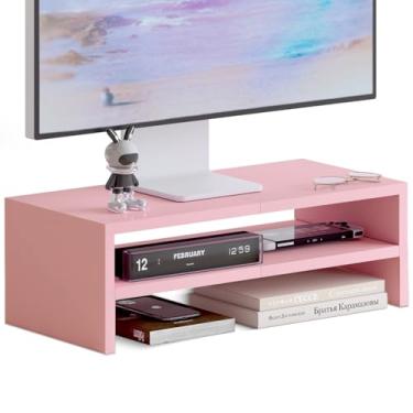 Imagem de TEAMIX Suporte de monitor rosa de 2 camadas, suporte de mesa com armazenamento de teclado, pequeno suporte de TV, laptop, organizador de mesa de madeira, prateleira fofa (rosa, 2 camadas)